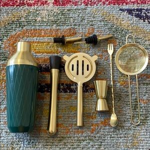 Von Shelf Green and Brushed Gold Bar Cart Set